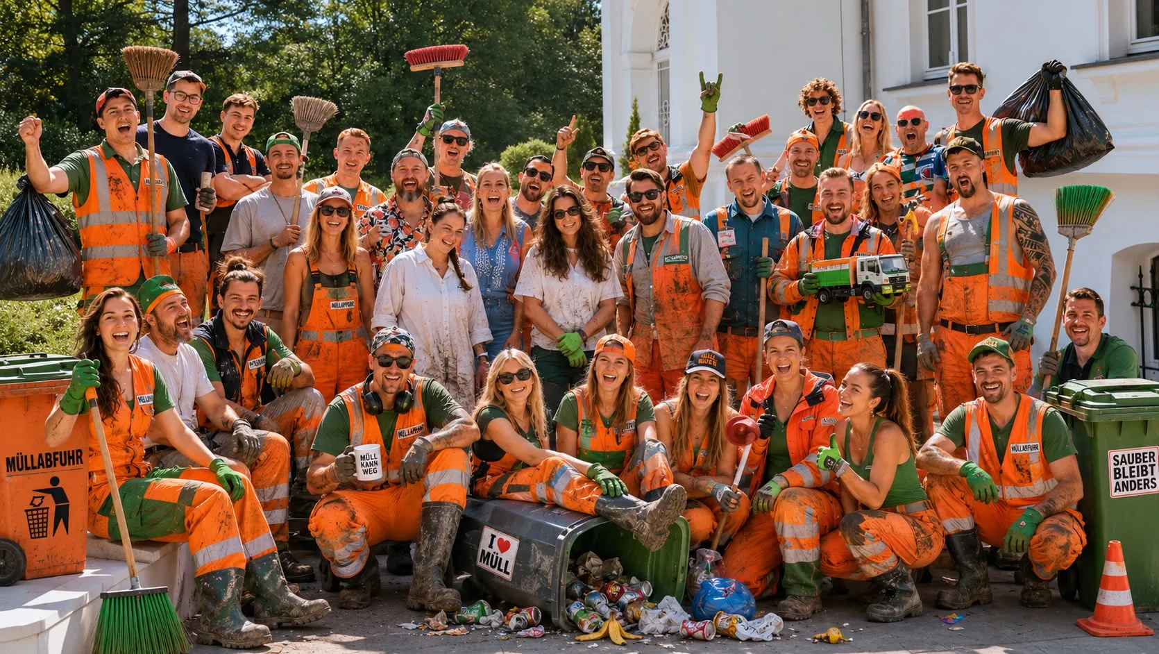 Die Teilnehmer als Müll-Crew vor dem Schloss