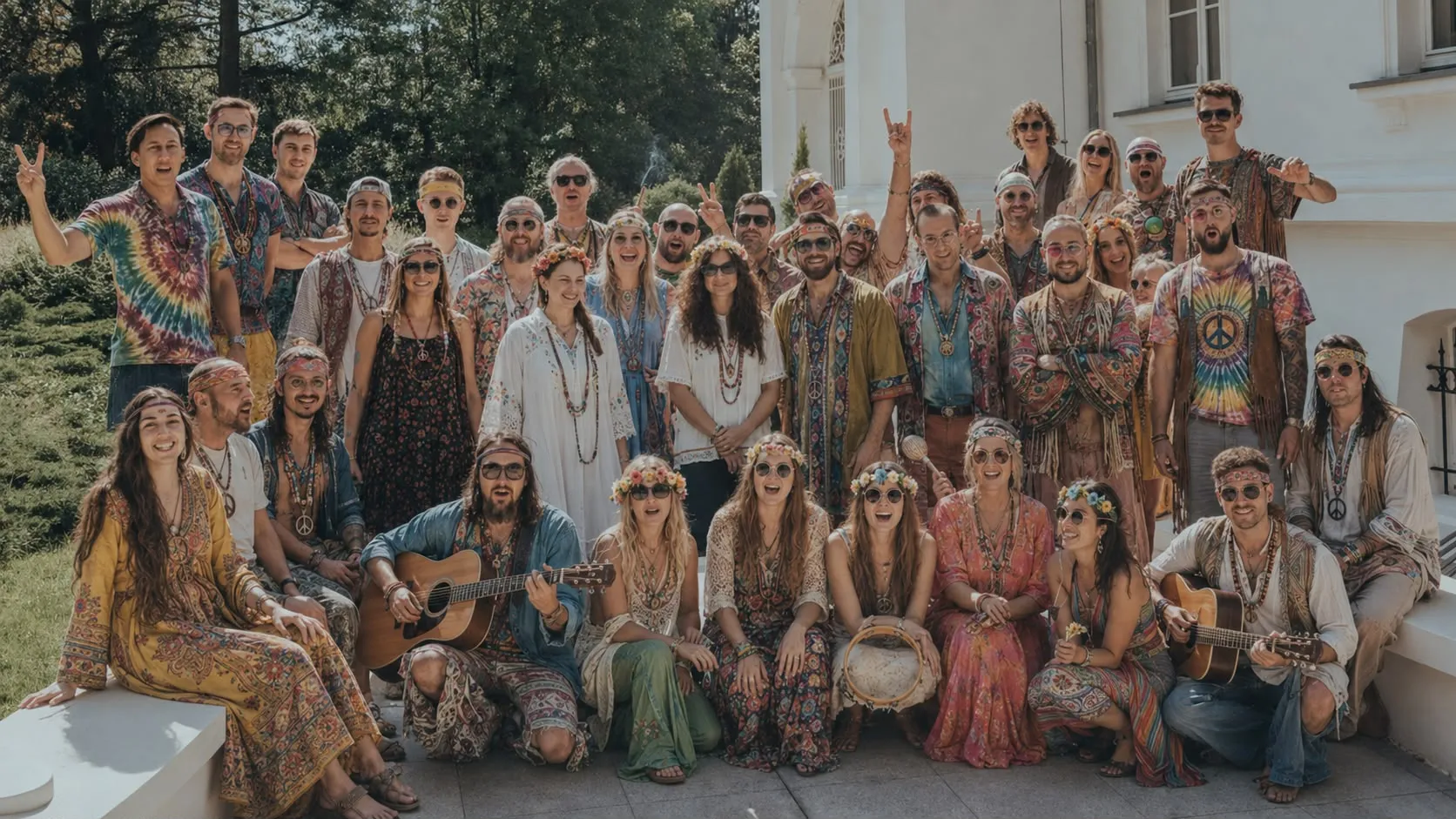 Die Teilnehmer im Hippie-Look vor dem Schloss