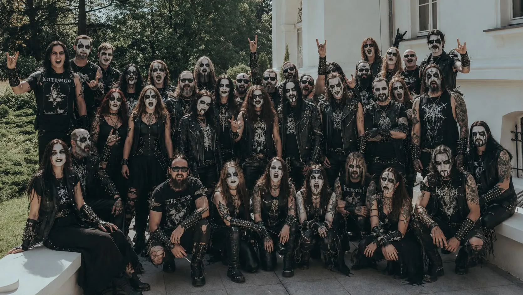 Die Teilnehmer im Black-Metal-Look vor dem Schloss